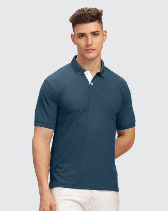 Bulk T-Shirt Manufacturer | Micropoly Polo T-Shirt - Petrol Blue and White